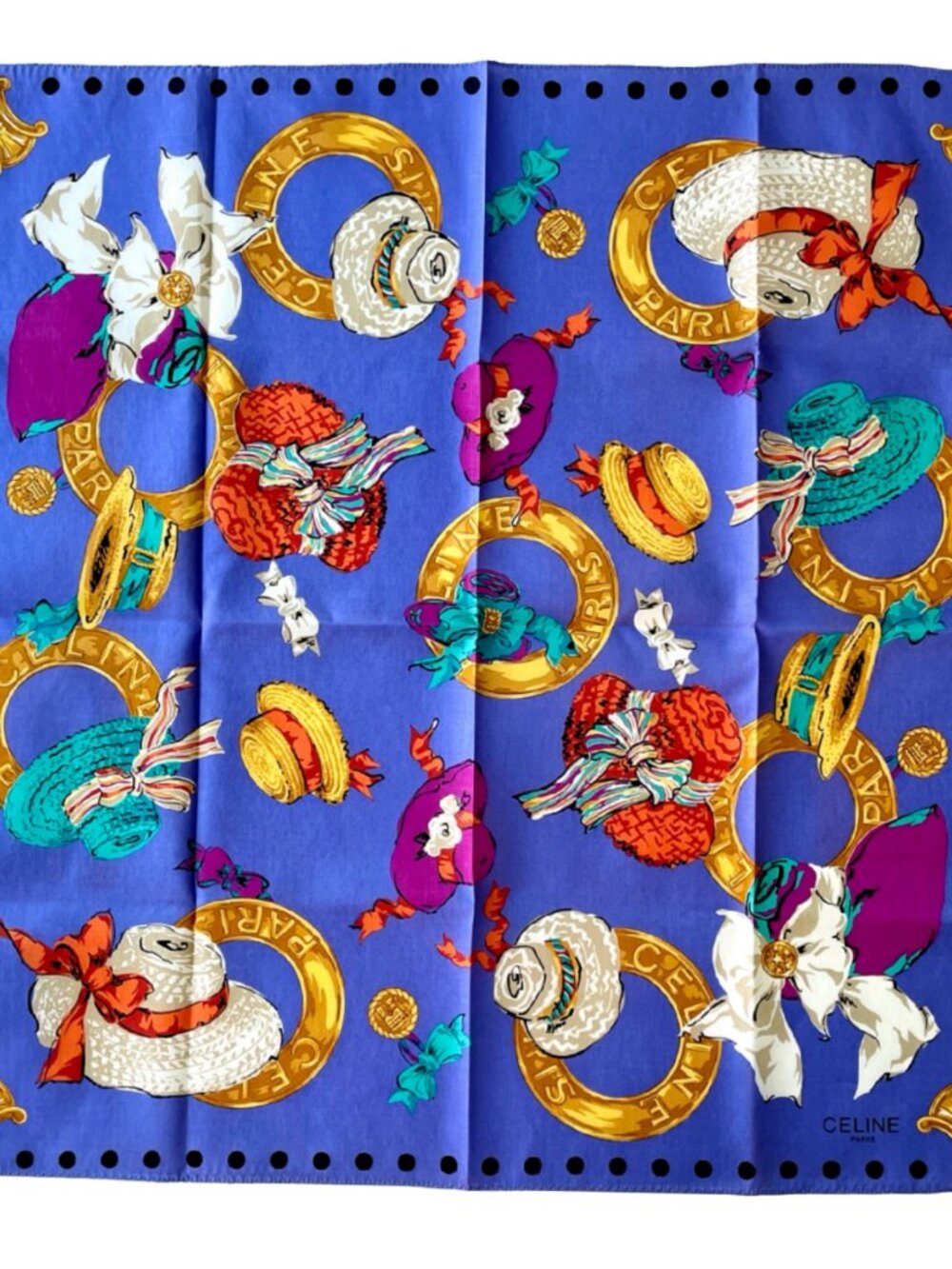 Céline Paris Cotton Scarf Colorful Hats & Rope Print 20" Square - Picture 4 of 13